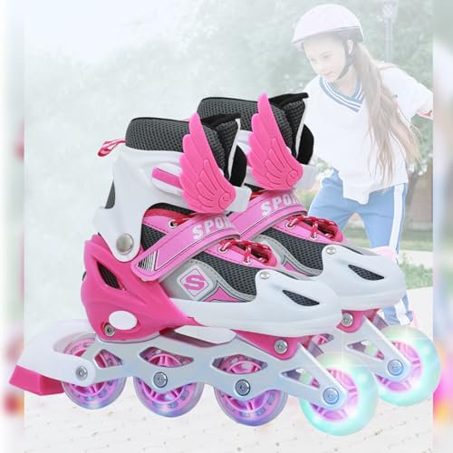 YENTAKE Rollschuhe, Inliner Roller Skates mit 3 Größen Verstellbar, LED Rädern, Mehrere Größenoptionen, Inlineskates für Kinder Erwachsene Jungen Mädchen (Rosa, M (33-37 EU / 203-233 MM))