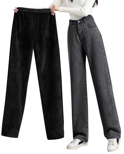 shownicer Jean d'hiver pour femme avec doublure en polaire - Pantalon thermique chaud - Taille haute - Jean épais - Jean baggy - Pantalon d'extérieur pour femme, a noir, M