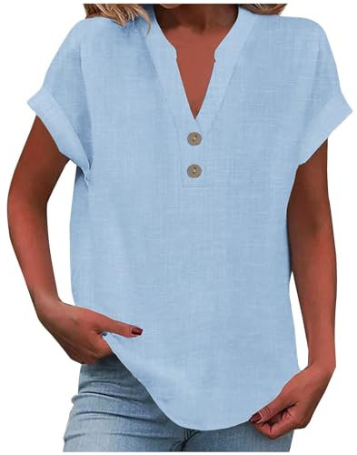 Cotton Linen Shirts for Women UK Clearance Summer Short Sleeve Tee Tunic Fashion Button Down V Neck Blouses Solid Color Loose Fit Tops Lightweight Comfy Vacation Clothes