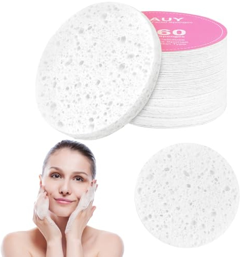 AUAUY Komprimerade ansiktssvampar, 60 st ansiktssvampar av cellulosa för daglig rengöring, 100 % naturlig trämassa bomull ansiktstvätt svamp för ansiktsrengöring, exfolierande mask, sminkborttagning