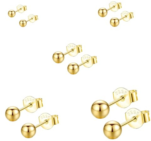 Hinvan 5 Paires Clous Boucles d'Oreilles Boule en Or pour Femme Homme Or Boucles d'oreilles Argent 925 Boules Petites Hypoallergéniques Classique Clous D'oreilles Argent 925 2-6mm