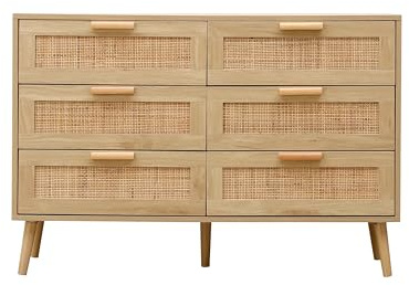 FurnitureHMD 6 Drawers Ratten Wide Chest,Storage Sideboard Cabinet,Organiser Unit for Bedroom,Living Room,Hallway (natural color)