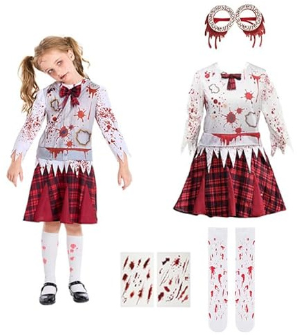 4pcs Zombie Kostüm Mädchen - Mit Blutendes Brillengestell, Blutende Socken, Tattoos Aufkleber Horror Karneval Cosplay, Zombie Kostüm für Mädchen mit einer Körpergröße von 110–155cm(S(110-125cm))