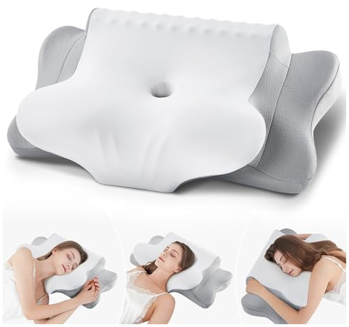 FAIORD Almohada Cervicales y Cuello, Almohada Cervical para Dormir de Lado, Boca Arriba y Boca Abajo, Almohada Ergonómica con Funda, 64x39x10/13 cm (Gris Blanco)