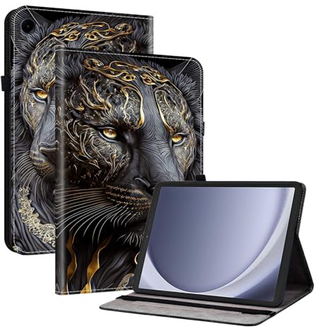 TEDTIKJT Skyddsfodral för Samsung Galaxy Tab A11 Skyddsfodral för Galaxy Tab A9 8.7 Viktbart fodral PU Läder med pennhållare Ställ Söt tecknad tryckmönster Tablettskydd, Den svarta gyllene lejonet