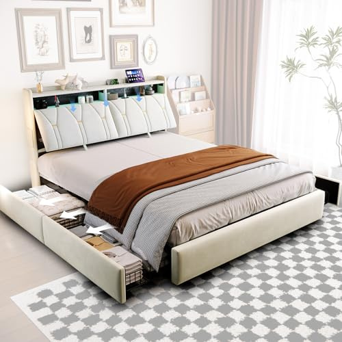 Camas Matrimoniales Multifuncional 160x200 con Luces LED y USB C, Cama Canape con 4 Cajones, Cabecero Ajustable, Cama Tapizada en Terciopelo con Listones de Madera, Estructura Metálica, Beige-500 kG