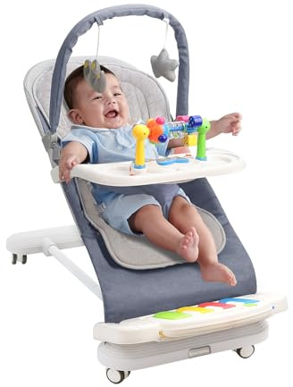Baby Bouncer with Detachable Piano Toys, Baby Rocker with Feeding Tray, Removable Toy Bar, Thickened Cushion and Wheels. 4-Level Adjustable Bouncer Chair for Infants 0-18 Months (Light Blue)
