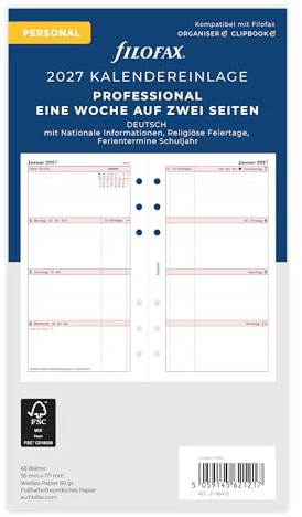 Filofax Agenda Personal Professional 1 semaine sur 2 pages en allemand 2027