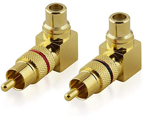 BestPlug 2 Stück RCA L-R Audio Adapter Verbindungsstück, Metall Cinch Stecker männlich auf Metall Cinch Buchse Kupplung weiblich 90° abgewinkelt, vergoldet, Schwarz