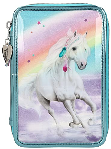 Depesche 11055 Miss Melody - Gefüllte 3-fach Federtasche mit traumhaftem Pferde-Motiv, türkise Federmappe ca. 7,5 x 13 x 20 cm groß, mit Filz- und Buntstiften, Lineal, Schere, Kleber, uvm.