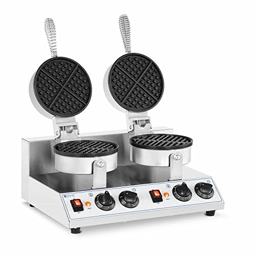 Royal Catering Doppel-Waffeleisen rund 50-300 °C Timer: 1-5 min 2600 W insgesamt separat steuerbar isolierte Handgriffe und rutschfeste Gummifüße belgische Waffeln