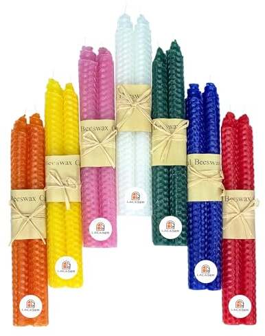 Lacaser Natural Beeswax Taper Candles Bulk, Colored Candlesticks in Rainbow Colors, Smokeless & Unscented, 9 Long Candle Sticks, Burning Time 4 Hours,14pcs