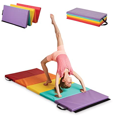HearthSong 5-Panel Colorful Rainbow Folding Kids' Gymnastics Tumbling Mat for Active Play, with Carrying Handles, 77 Inches Long x 30 Inches Wide