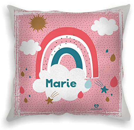 wolga-kreativ Personalisiertes Kissen 40x40 cm – Kuschelkissen mit Namen und Regenbogen Motiv – Geschenk zur Geburt, Taufe & Geburtstag – Flauschiges Babykissen – Handmade in Deutschland