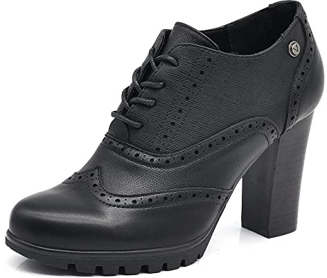 IF Fashion Scarpe da Donna Stringate Francesine Ricamo Tacco Grosso Pelle Sintetica CH2183 Nero N.38