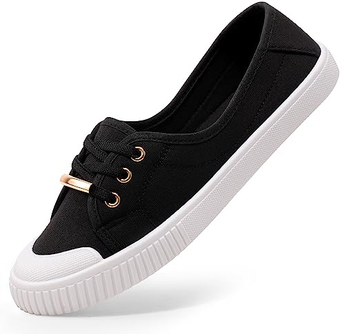 Harvest Land Womens Canvas Shoes Low Top Flat Gym Sports Pumps Trainers Lace Up Flat Ladies Girls Fashion Pumps Black UK 5.5