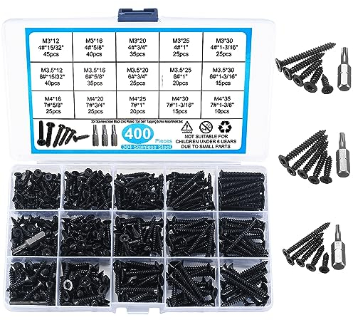 400 Pièces Vis Autotaraudeuses, Vis à Tête Fraisée Acier Inoxydable, Vis Autoperceuses à Tête Torx, Vis à Bois Cloison Sèche avec Forets-M3/M3,5/M4, 12mm/16mm/20mm/25mm/30mm/35mm (Noir)