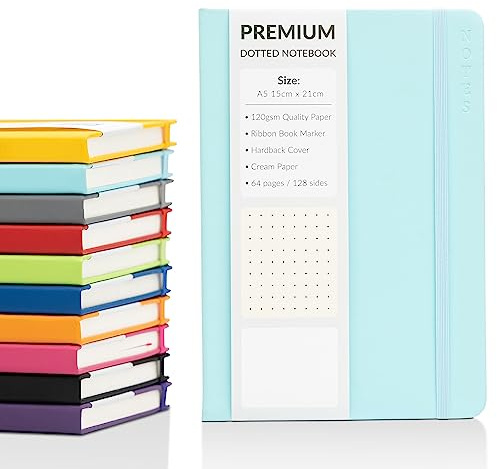 evelay Bullet Journal A5 prickig anteckningsbok med inbunden konstläder och premium 120 gsm tjockt prick rutnät papper (128 gräddfärgade sidor, himmel)