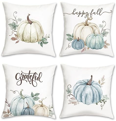 Bonhause 4er Set Kissenbezüge Herbst Kürbis 45 x 45 cm Beige Blau Kürbis Samt Soft Dekorative Kissenhülle Zierkissenbezüge für Sofa Schlafzimmer Wohnzimmer Zuhause Dekoration