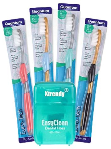 Quantum Euro-Tech Extra Soft Toothbrush, Soft Ultra Fine Feathered Bristles Toothbrush with Soft Slim Handle Grip and Thumb Rest for Adults, (4-Pack + 1 Xtrendy Floss) 5 Count