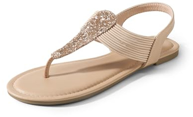 DREAM PAIRS Women's Elastic Strappy String Thong Ankle Strap Summer Gladiator Sandals,Size 10,Nude,SPPARKLY