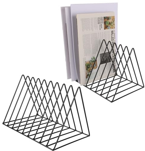 ZOFUN 4 Stück Dreieckiger Buch-Organizer, Buchstütze Metall, 9 Fächer, Zeitungsständer Metall, Magazinständer Schwarz, Schallplattenständer, Zeitungshalter für Büro,CD, Magazin, Büchern und Fotoalben