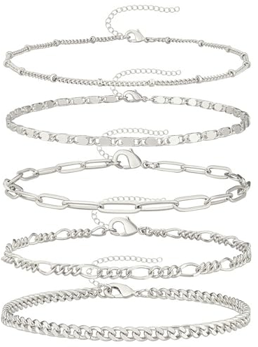 SpetngSake 5 Stück Fußkettchen Silber für Damen,Vintage Fussketten für Frauen,Fußkette Silber Damen,Fußkettchen Wunderschöner,Stapelbares Armbänder Set Schmuck für Mutter,Freundin,Frau,Schwester