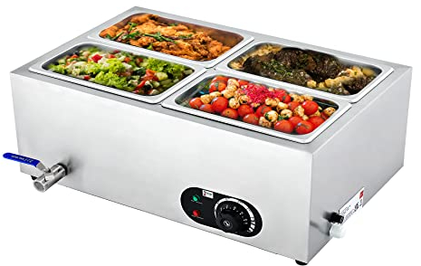 WILPREP Commercial Electric Food Warmer with Adjustable Temp. & Auto Shutoff, 4 Pans and Lids 18L Large Buffet Server for Catering Restaurants Parties, 1500W Stainless Steel Bain Marie