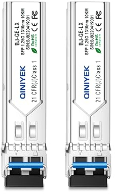 QINIYEK [Pack of 2] 1000Base-LX SFP auf LC Modul, Single Mode SFP Faser-Transceiver für Cisco GLC-LH-SMD, Meraki MA-SFP-1GB-LX10, Ubiquiti, Fortinet, Mikrotik, Supermicro(SMF, 1310 nm, 20 km, DDM)