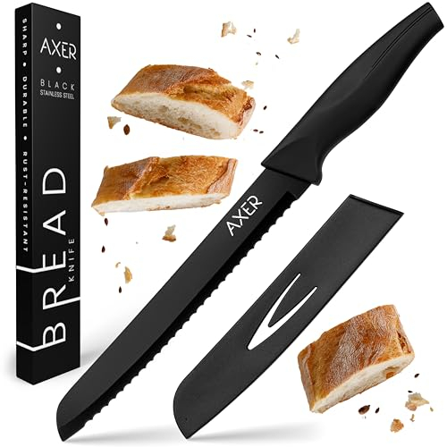 Axer Coltello da Pane Professionale con Lama Guard - Durabile in Nero - Lama Seghettata - Coltelli da Cucina Professionali