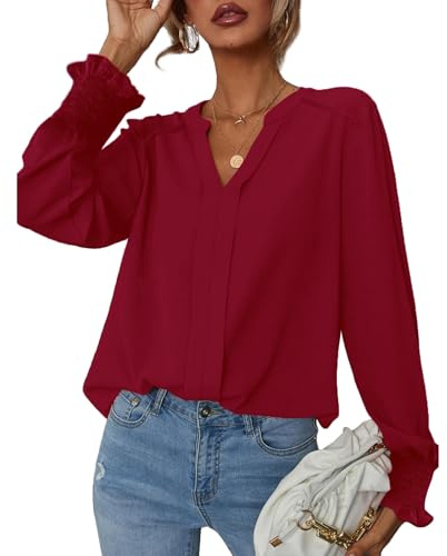 SYKT Damblus, elegant, långärmad tröja, V-ringade skjortor, toppar, chiffong, enfärgade toppar
