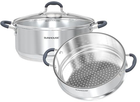 SUNHOUSE - Dampfgarer mit Deckel, 2-stöckig, Mehrzweck-Edelstahl-Dampfgarer mit Griff für Gemüse, Knödel, Soßen, Lebensmittel – dreifacher Boden, Messlinie, 5,5 l
