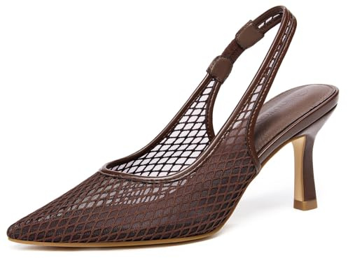 Coutgo Womens Slingback Kitten Heels Closed Pointed Toe Low Heel Mesh Pumps Sexy Dress Shoes, Brown, Size 8.5