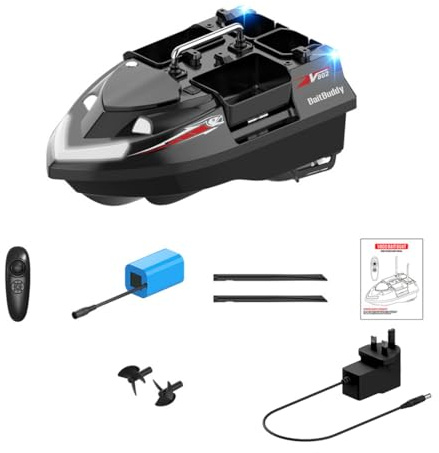 TBRICKFUNR Fishing Bait Boat, V802 High Efficiency RC Boats Speedboat with 4 Bait Hoppers, 3KG Large Capacity, 500M Remote, LED Fishing Lights