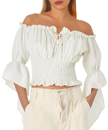 YOSUWOAI Blusa medieval renacentista para mujer – Elegante – Top gótico con volantes – Hombros descubiertos – Camiseta victoriana – Disfraz pirata – Manga larga – Boho – Playa – Vacaciones, O blanco