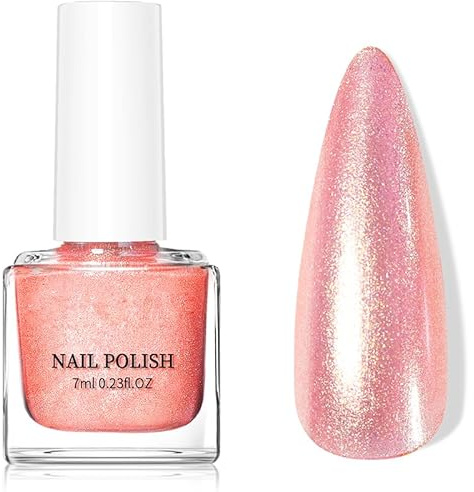 Coral Nail Polish - Orange Pink Nail Polish - Shimmer Pearl nail varnish - Glitter Nail Varnish Quick Dry - Shiny nail polish Breathable, No Chip, Long Lasting, 60 Seconds Air Drying, No Need UV