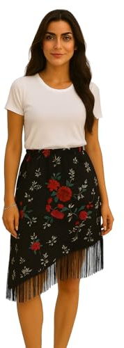 Susana Escribano Falda Sevillana Flamenca Asimétrica con Flecos Negros y Rosa Lateral – Estampado de Lunares o Flores, Tejido con Gran Caída, Hecha a Mano en España (Talla P Clavel)