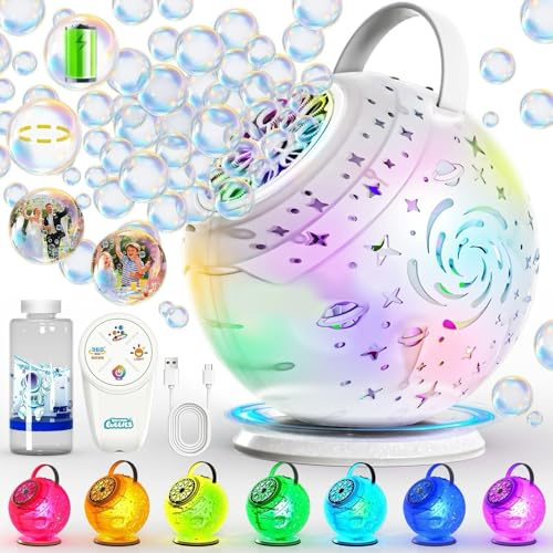 Wiederaufladbare Seifenblasenmaschine, Automatische 90°/360°-Drehung, ferngesteuertes Seifenblasenspielzeug für Kinder mit 7-farbigem RGB-LED-Licht, Seifenblasen für Hochzeiten, Partys und Geburtstage