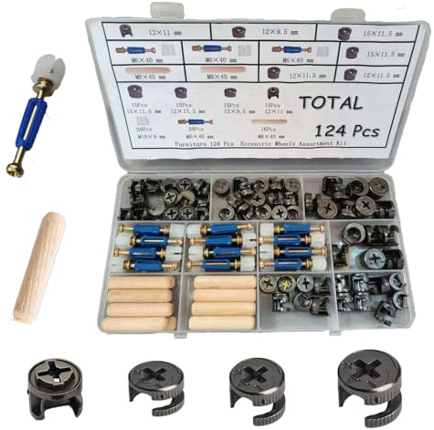 OFCOX 124Pcs 3 in 1 Cam Lock Screws and Nuts Set, Heavy Duty Zinc Alloy Furniture Connecting Fittings, Twist Lock Fasteners Bolts Dowels for Cabinet Drawer Dresser Cupboard Hardware Spare Parts Kit
