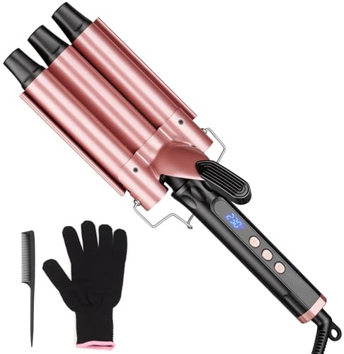 YEGUBEGU 3 Barrel Hair Waver, 25mm Crimper Curler for Beach Mermaid Waves | 14 Adjustable Temperature 100-230°C, Ceramic Curling Iron Tongs for Women Long or Short Styling, Auto Shut-off