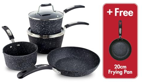 Scoville NEVERSTICK 4+1 Piece Cookware Set, Non Stick Pots & Pans Set, 16cm Milk Pan, 18 & 20cm Saucepans, 24cm Frying Pan, Free 20cm Frying Pan, Suitable for All Hobs, Aluminium, PFOA Free, Black