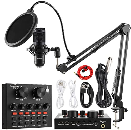 Microphone à Condensateur avec Carte Son V8, BM-800 Micro Studio Streaming Professionnel avec, pour Enregistrement, Podcasting, Voix Off, Streaming, Home-Studio, Youtube(Noir)