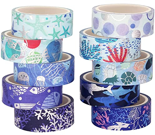 YUBX Ozean Washi Tape Set 10 Rollen Masking Tape Silber Dekoband klebeband bunt für DIY Handwerk Bullet Journals Planer Scrapbooking Verpackung