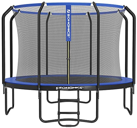 SONGMICS Trampoline pour Enfant, Diamètre 305 cm, Filet de Protection, Poteau de 180 cm de Haut, Coussin de Sécurité, Échelle, Cadre en Acier, Noir et Bleu STR103Q01