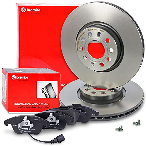 BREMBO Coated Disc Line Bremsenset Vorderachse inkl. Bremsscheiben Vorne Ø 312 mm Belüftet und Bremsbeläge Vorne + Verschleißkontakt Kompatibel mit AUDI Q3 (8UB, 8UG), SEAT ALHAMBRA, VW SHARAN, TIGUAN