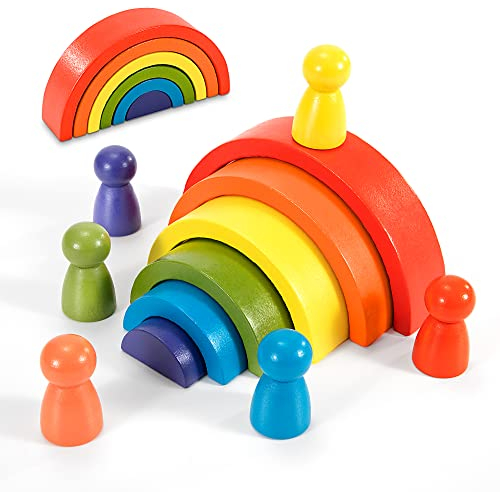 Holzbausteine Regenbogen aus Holz, 12 Stück Bunte Stapeln Montessori Spielzeug mit Holzfiguren Peg Dolls, Nesting Puzzle Spielen Blöcke Bausteine Motorik Lernspielzeug für Kinder Jungen Mädchen