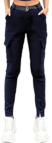 Nuofengkudu Dam elastiska smala byxor cargobyxor med fickor elastisk hög midja sport push up mode cool gördel elegant arbetsbyxor dam comodos jeans byxor, Marinblå, L