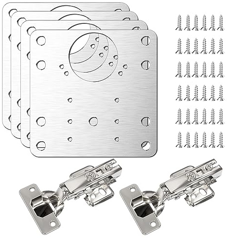 Simpeak Juego de Placa de Reparación de Bisagras y Puertas Cocina, 4 Piezas 9 x 9 cm Placas de Bisagras de Armario de Cocina con Orificios + 2 Piezas 35mm Bisagras de Armario