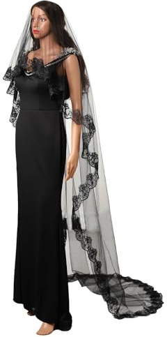 Acenail Velo di pizzo nero velo da sposa lungo velo cattedrale con pettine lutto funerale cadavere Halloween costume veli, Nero 110 '', Taglia Unica