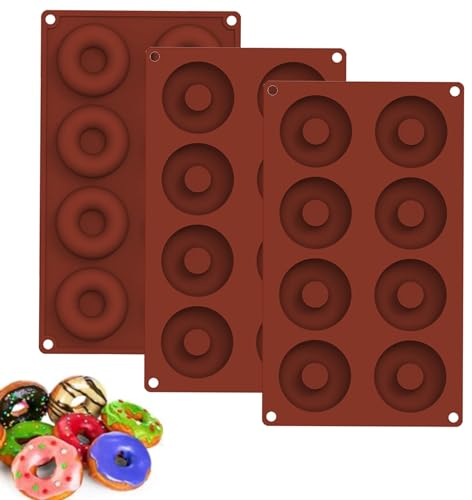 Vastsea 3 Stück Silikon Donut Formen, 8 Mulden Silikonform Donut, Sichere Silikon Donut Backform, Antihaftbeschichtet, Lebensmittelecht, Gelten für Kuchen, Kekse, Bagels, Muffins